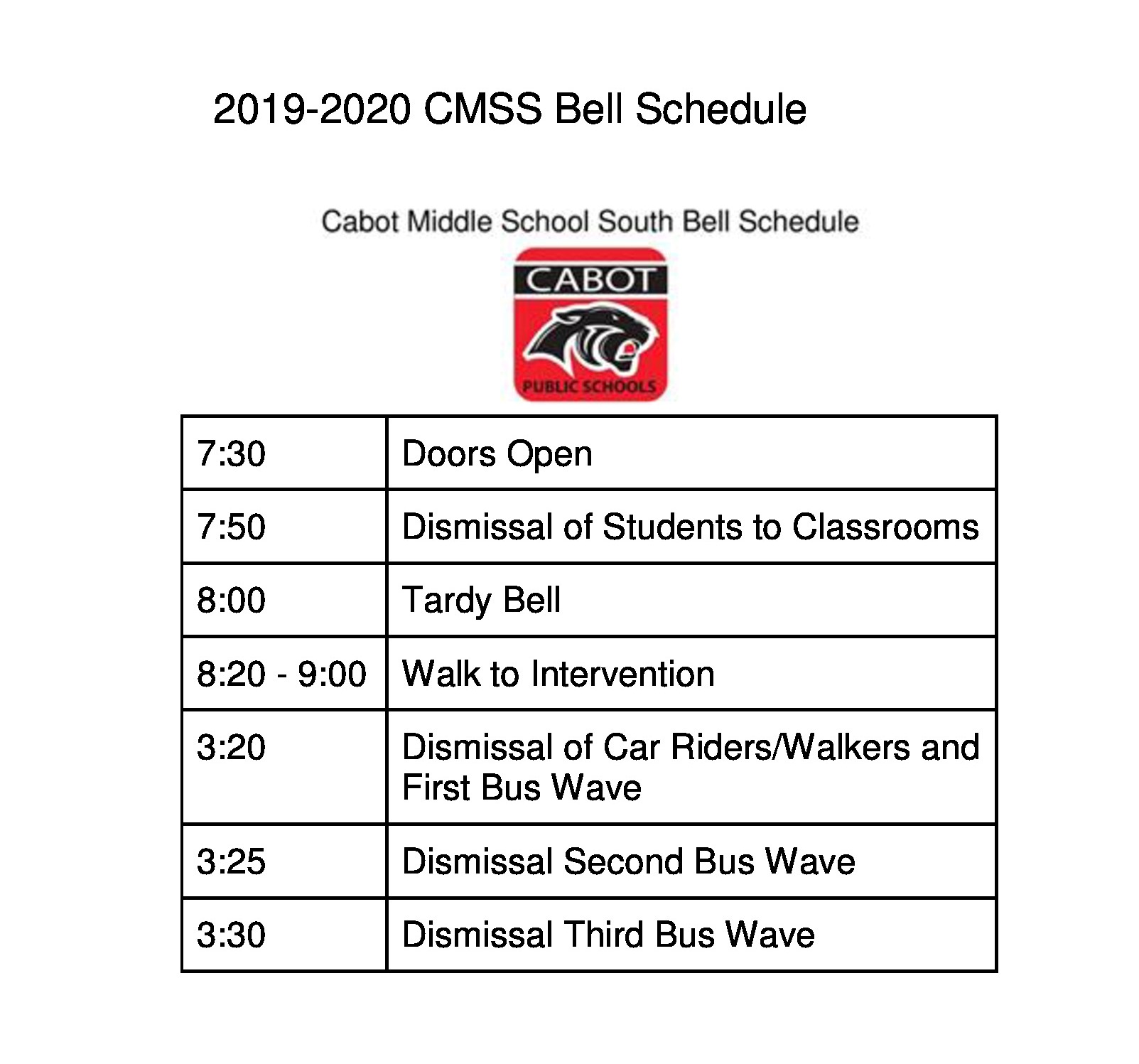 2019-2020 Bell Schedule